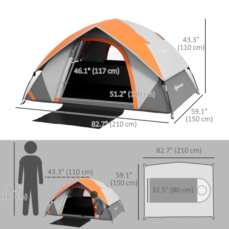 Outsunny 3000mm Waterproof Camping Tent for 2 Man, with Sewn-in Groundsheet and Carry Bag, Grey and Orange