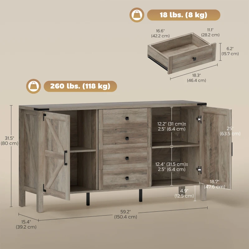 HOMCOM 59" Buffet Cabinet, Farmhouse Sideboard with Thick Top, 2 Barn Doors, 4 Drawers and 2 Adjustable Shelves, Grey