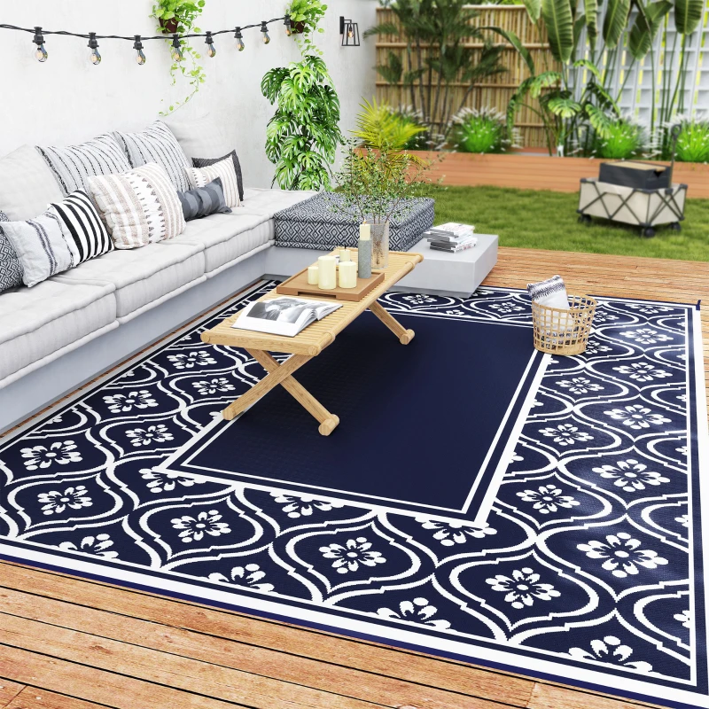 Outsunny 9' x 12' Outdoor RV Rug, Reversible Patio Floor Mat with Carry Bag, Gourd Border, Blue and White