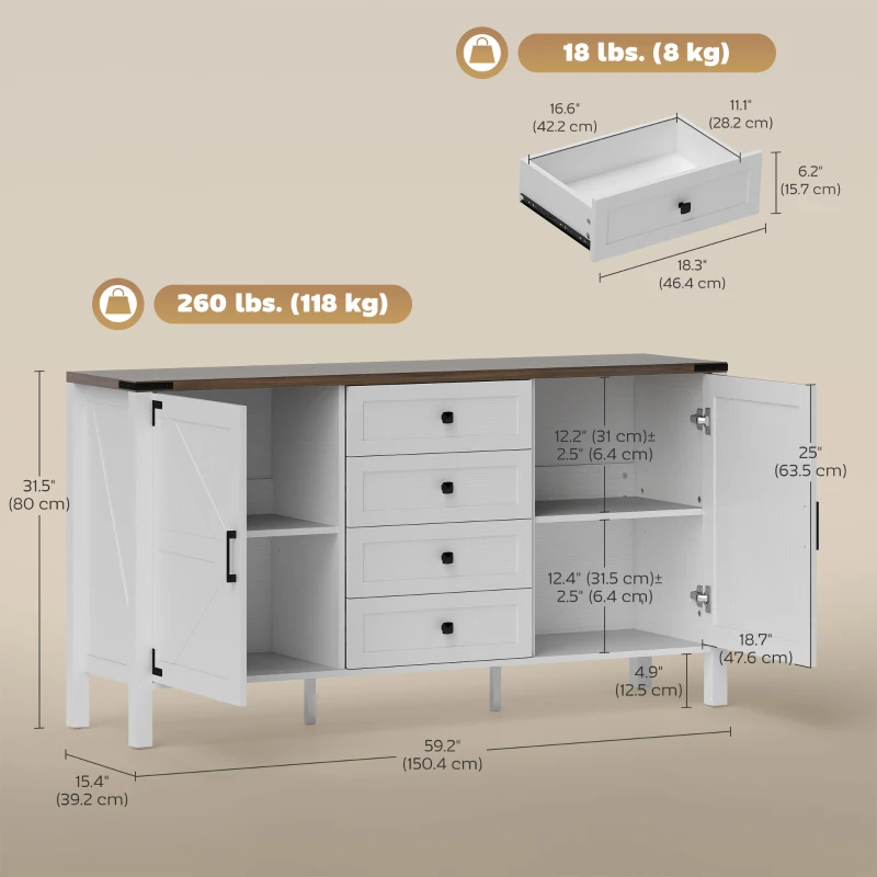 HOMCOM 59" Buffet Cabinet, Farmhouse Sideboard with Thick Top, 2 Barn Doors, 4 Drawers and 2 Adjustable Shelves, White