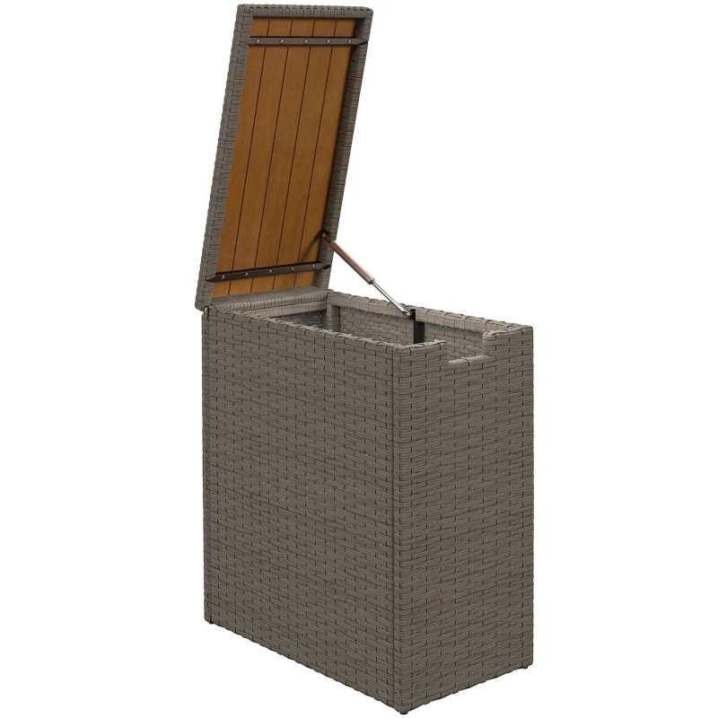 Outsunny 17-Gallon Small Deck Box, Wicker Outdoor Storage Box with Acacia Wood Top for Patio Cushions and Garden Tools, Teak