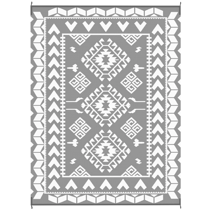Outsunny Reversible Outdoor Rug, Waterproof Plastic Straw with Carry Bag, 9' x 12', Gray & White Rhombus Patchwork