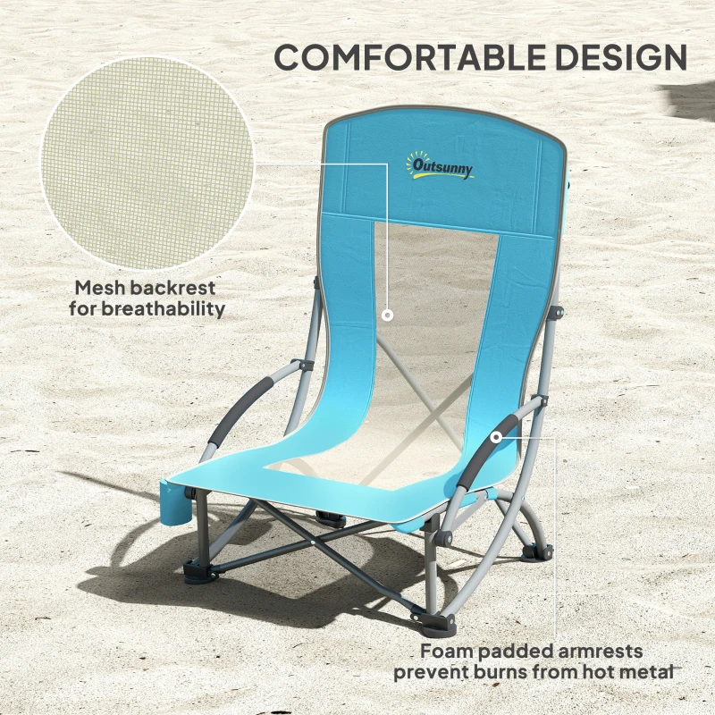 Outsunny Set of 2 Folding Beach Chairs with Mesh Back, Carry Bag and Cup Holder for Outdoor Camping Lawn, 27.6" x 22.8" x 31.1"