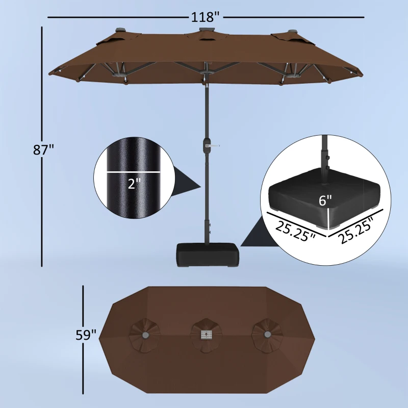 Outsunny 10ft Double-sided Patio Umbrella with Solar Lights and Sandbag Base, Outdoor Umbrella with Push Button Tilt, Crank, Air Vents for Garden, Backyard, Deck, Pool, Market, Coffee