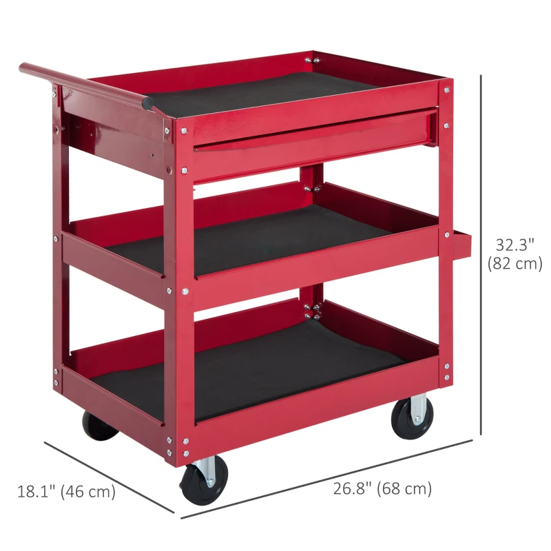 HOMCOM 3-Tier Rolling Tool Cart with Drawer and Side Box, 132 LBS Capacity Steel Utility Cart, Mobile Service Tool Organizer for Garage, Warehouse, Workshop, Red