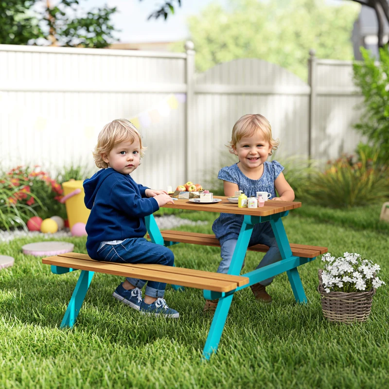 Outsunny Kids Outdoor Table Set Wooden Toddler Picnic Table & Benches for 4 Kids 3-8 Years Old, Easy Installation, Natural Wood