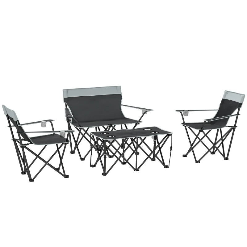 Outsunny 4 Piece Folding Camping Table and Chairs, Outdoor Lawn Chair Set w/ Table, Cup Holders for Hiking, Picnic, Grey