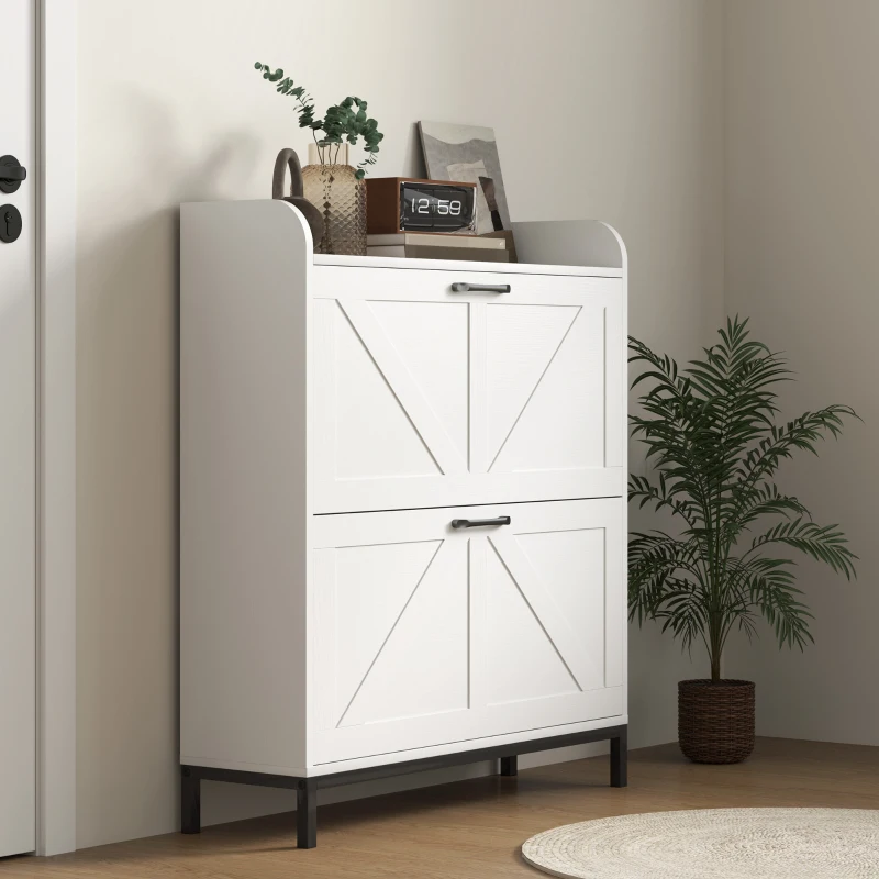 HOMCOM Shoe Cabinet Organizer with 2 Flip Drawers, Legs, Narrow Shoe Storage Cabinet for Entryway, Hallway, White