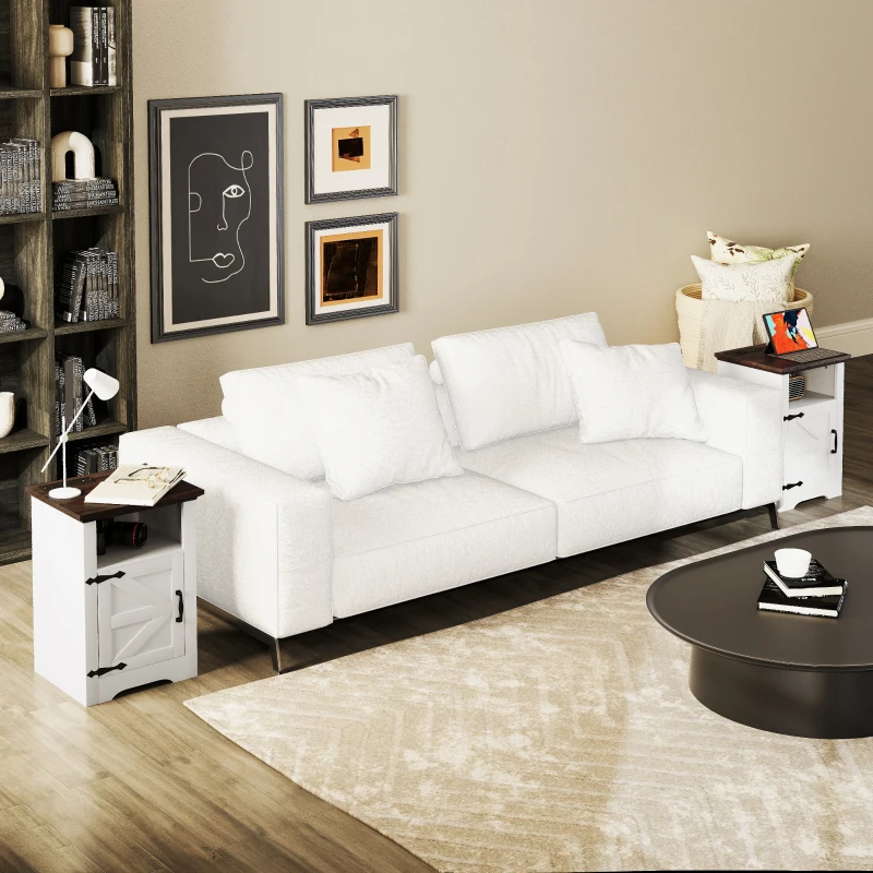 HOMCOM Set of 2 Side Tables, Night Stands with Charging Outlets, White