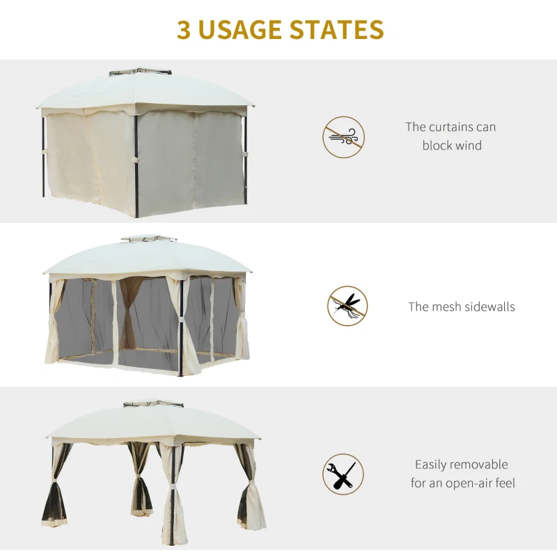 Outsunny 10x12ft Patio Gazebo Garden Pavilion Outdoor Canopy Tent Sun Shade 2 Tier Roof Hook w/ Curtain and Netting Steel Frame