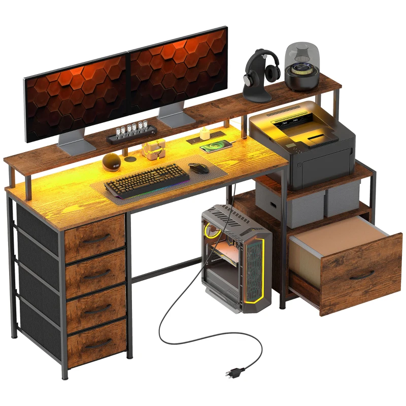 HOMCOM Computer Desk with Power Outlets and LED Lights, 67" Computer Table with File Cabinet and Fabric Drawers, Rustic Brown