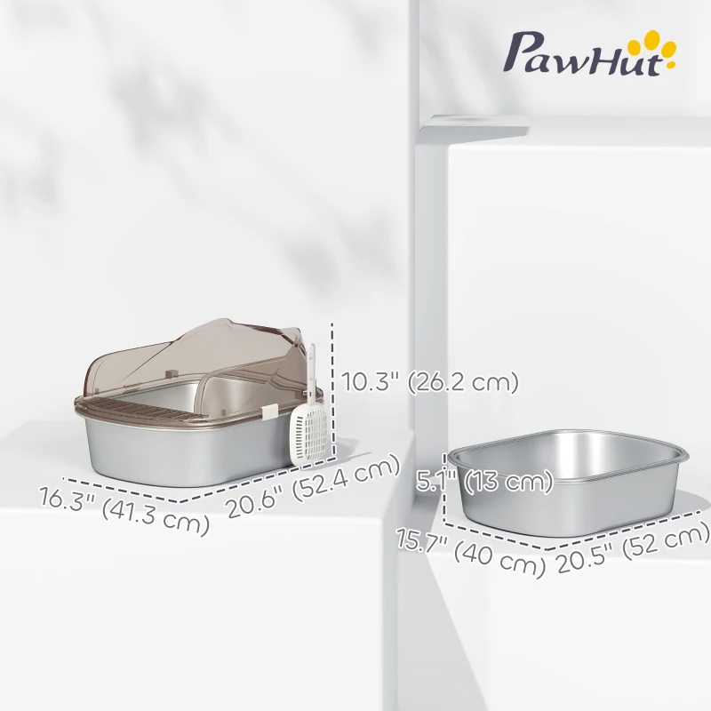 PawHut Stainless Steel Cat Litter Box with High Sided Enclosure, Scoop, Non-Sticky & Anti-Urine Leakage, Easy Cleaning