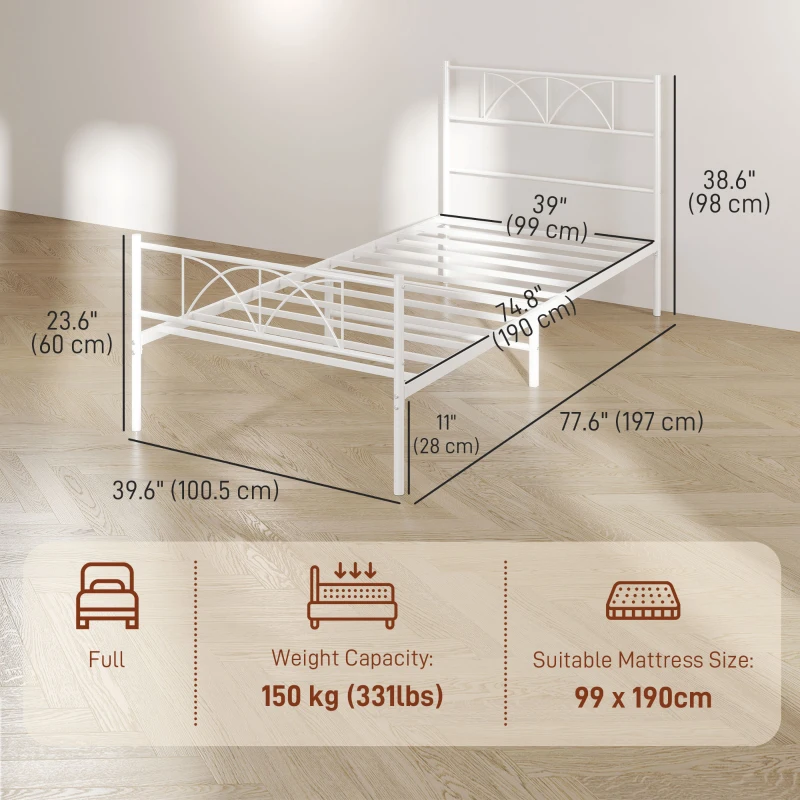 HOMCOM Metal Twin Platform Bed Frame with Headboard, Steel Slat Support, Underbed Storage, No Box Spring Needed, Easy Assembly