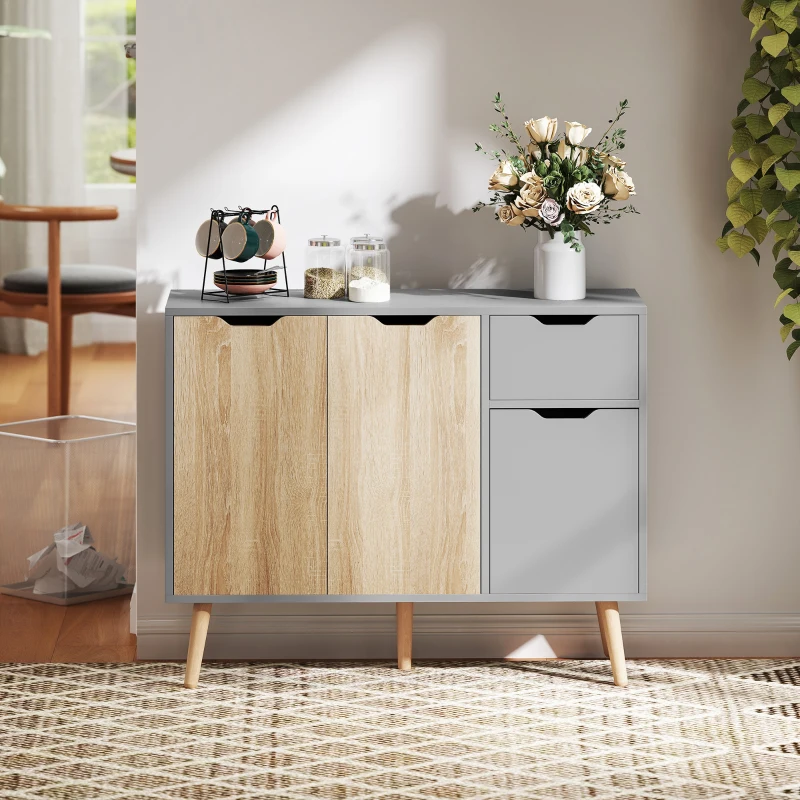HOMCOM 35" Sideboard Storage Cabinet with Drawer, Grey and Nature Wood