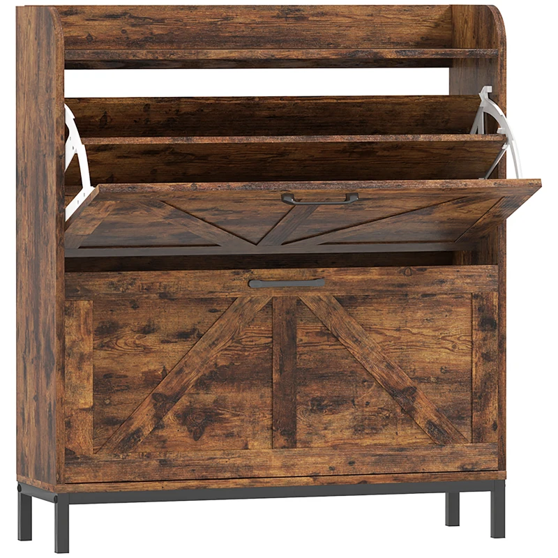 HOMCOM Shoe Cabinet Organizer with 2 Flip Drawers, Legs, Narrow Shoe Storage Cabinet for Entryway, Hallway, Rustic Brown