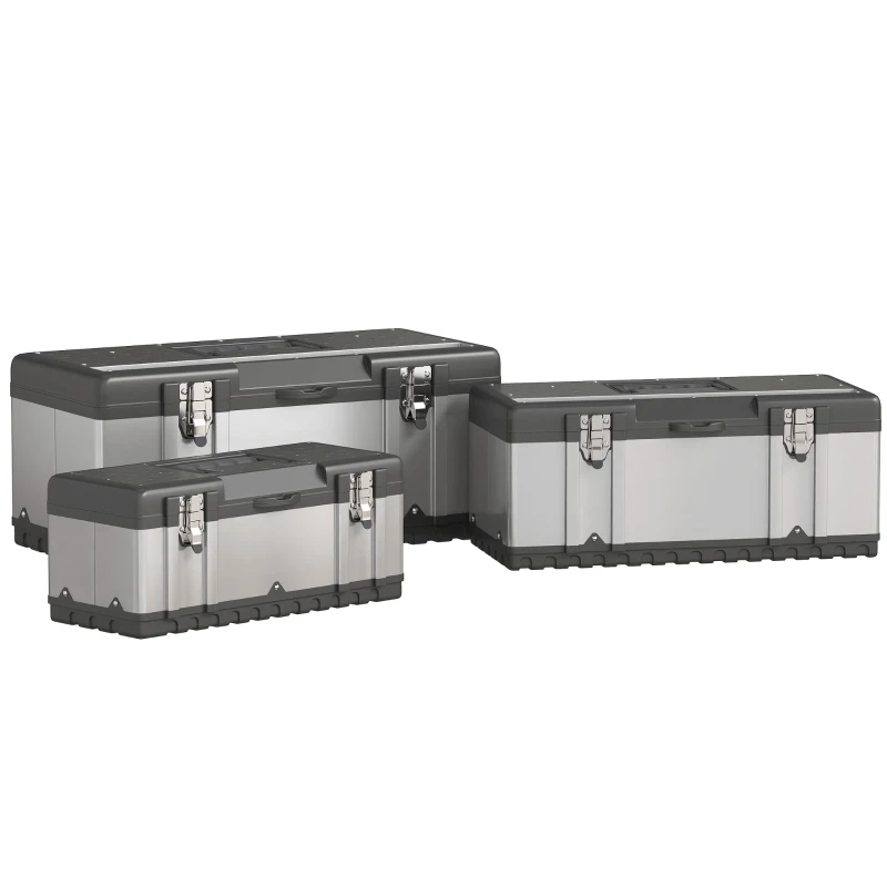 HOMCOM 3 Pieces Tool Box Set, Stainless Steel Toolbox with Tray, Handles, Latches, Tool Case for Workshop, Garage