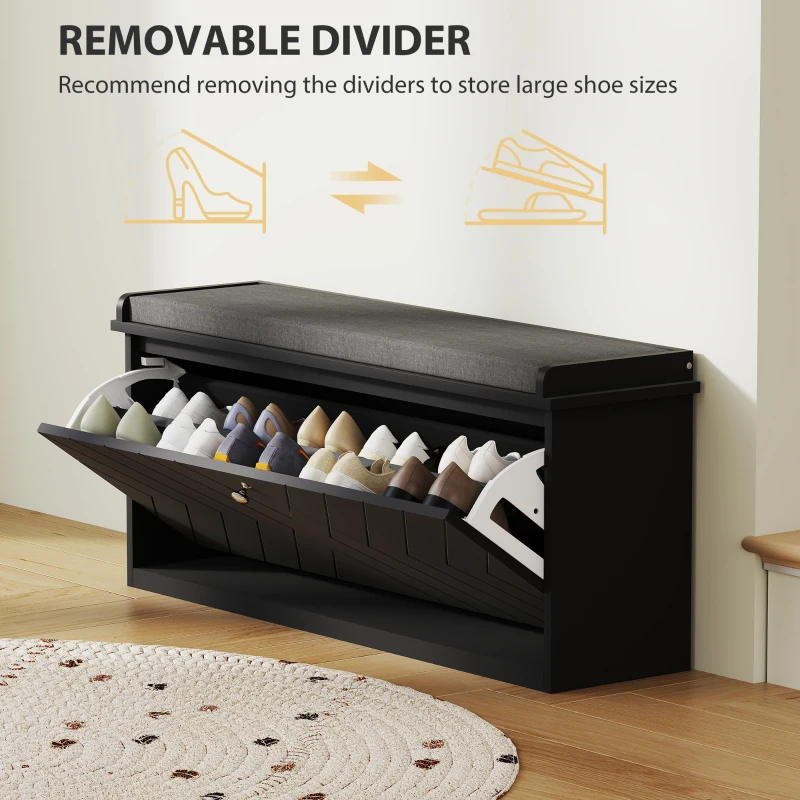 HOMCOM Shoe Storage with Seat, Upholstered Hallway Bench, Shoe Bench with Flip Drawer, Adjustable Shelf for 10 Pairs of Shoes