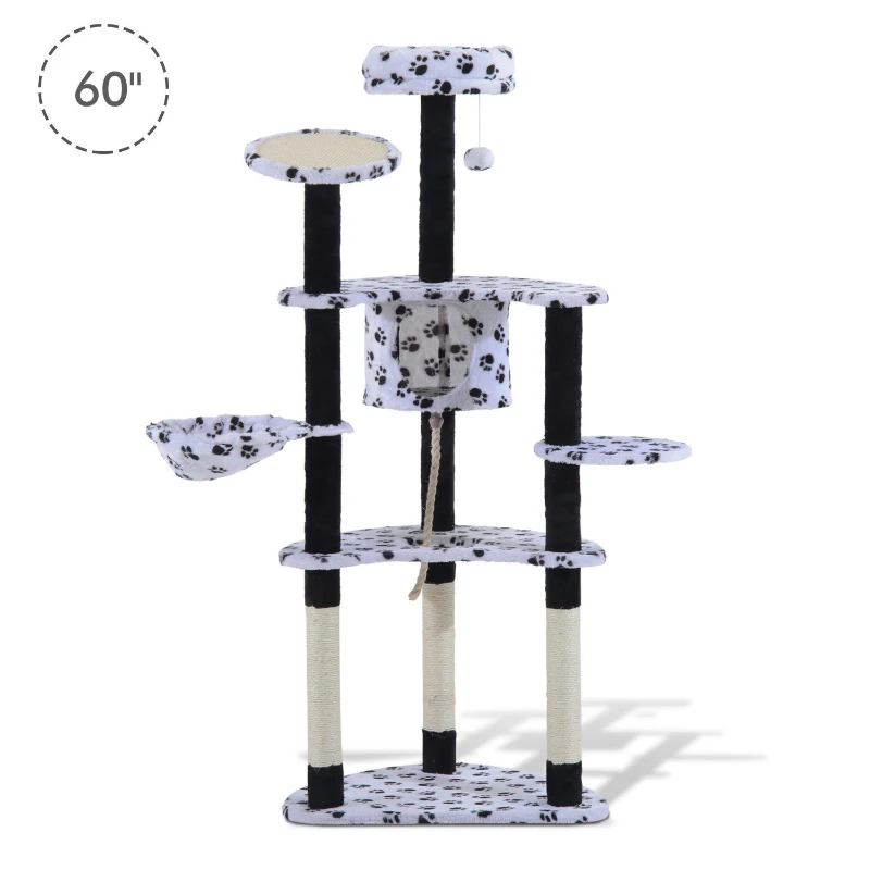 PawHut 60" Multi-Level Plush Cat Tree, Tall Cat Tower with Scratching Posts and Hammock, White
