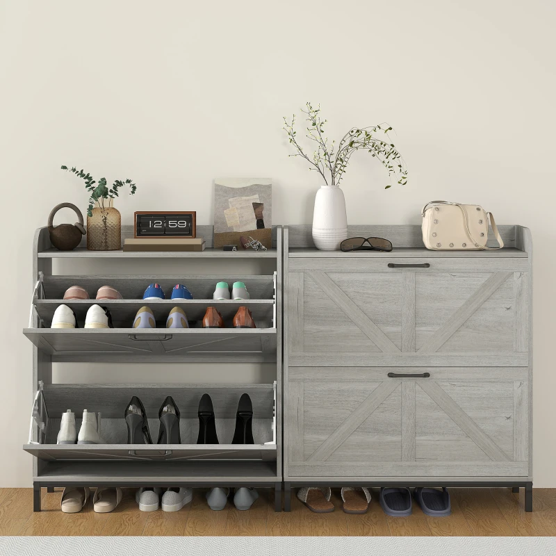 HOMCOM Shoe Cabinet Organizer with 2 Flip Drawers, Legs, Narrow Shoe Storage Cabinet for Entryway, Hallway, Light Gray