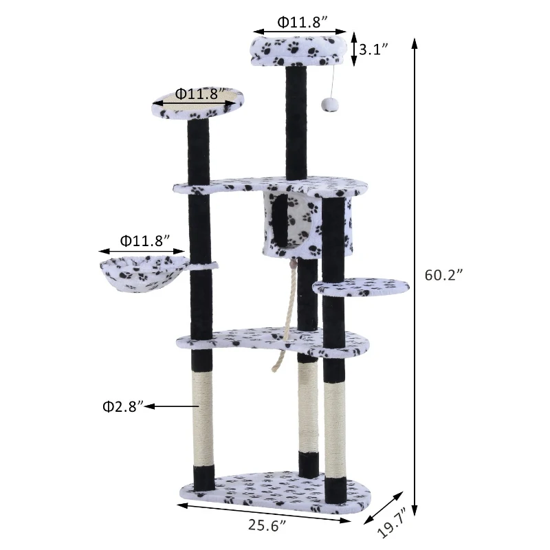 PawHut 60" Multi-Level Plush Cat Tree, Tall Cat Tower with Scratching Posts and Hammock, White
