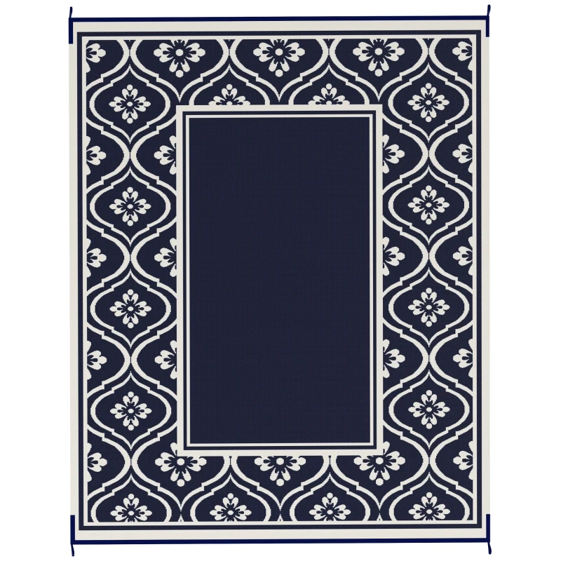 Outsunny Reversible Outdoor Rug, Waterproof Plastic Straw with Carry Bag, 8' x 10', Blue & White Gourd Border
