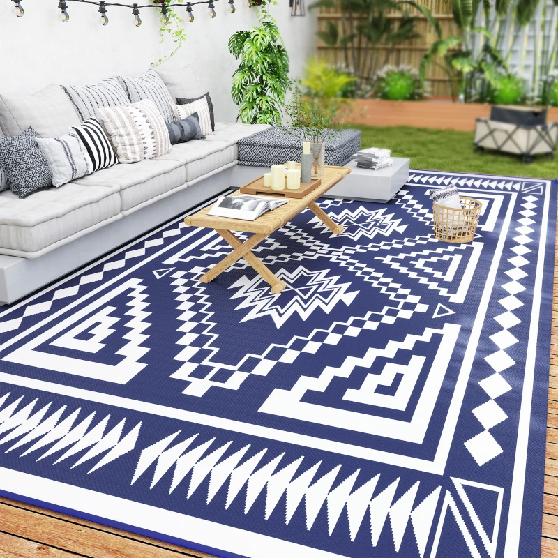 Outsunny Reversible Outdoor Rug, Waterproof Plastic Straw with Carry Bag, 9' x 18', Blue & White Square Patchwork
