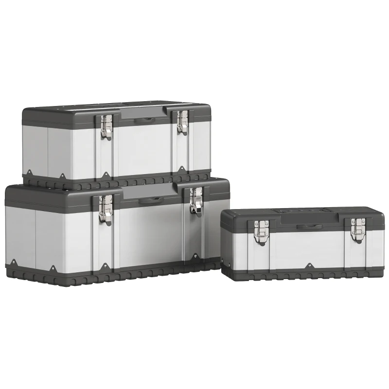 HOMCOM 3 Pieces Tool Box Set, Stainless Steel Toolbox with Tray, Handles, Latches, Tool Case for Workshop, Garage
