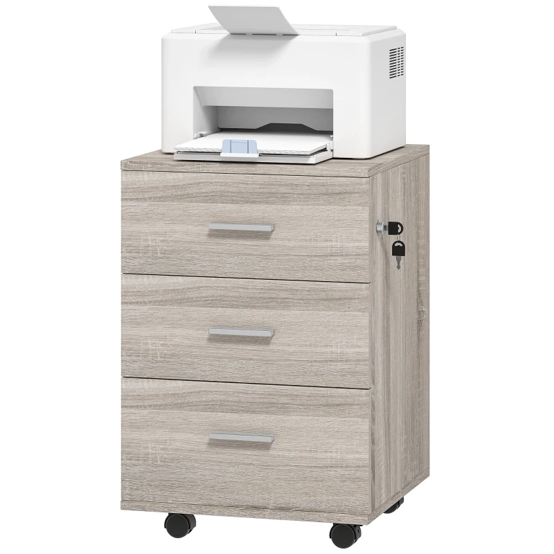 Vinsetto Mobile Filing Cabinet with Wheels, 3 Drawer File Cabinet with Lock and Keys for Home Office, Grey Wood Grain