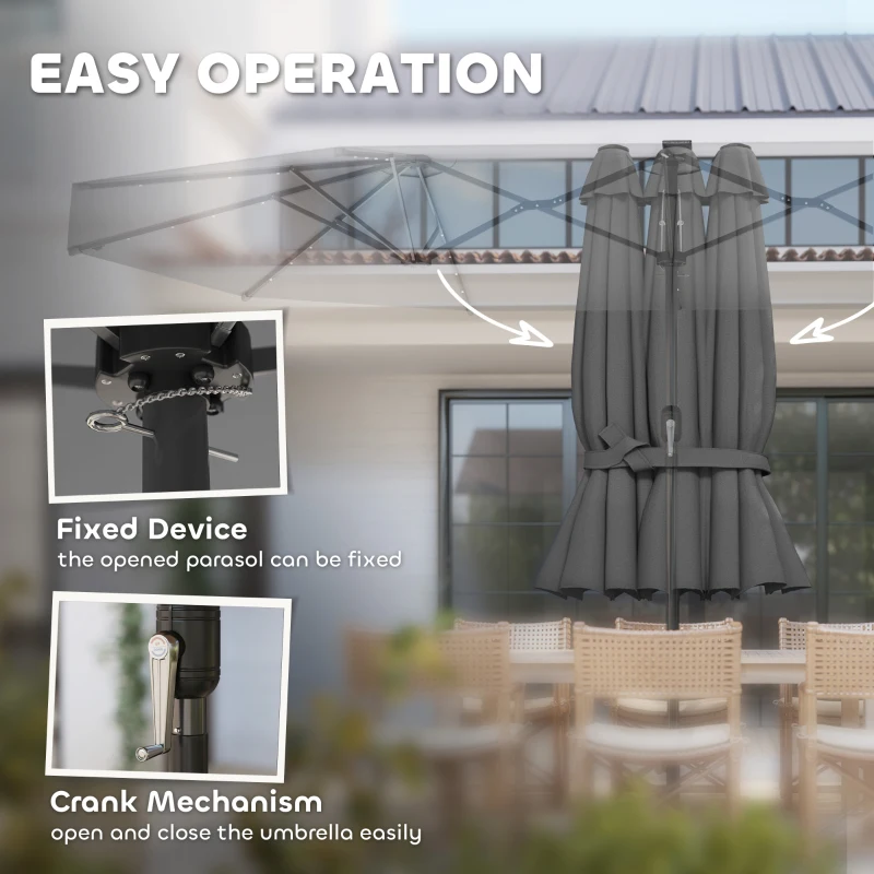 Outsunny Garden Parasol, Double-Sided Sun Umbrella with LED Solar Lights, Patio Parasol for Outdoor, Gray