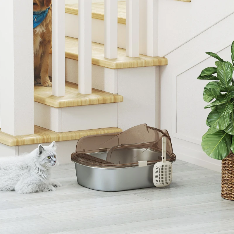 PawHut Stainless Steel Cat Litter Box with High Sided Enclosure, Scoop, Non-Sticky & Anti-Urine Leakage, Easy Cleaning