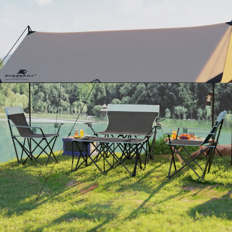 Outsunny 4 Piece Folding Camping Table and Chairs, Outdoor Lawn Chair Set w/ Table, Cup Holders for Hiking, Picnic, Grey