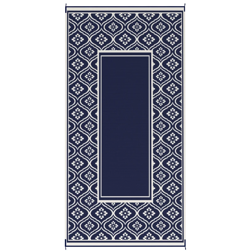Outsunny Reversible Outdoor Rug, Waterproof Plastic Straw with Carry Bag, 9' x 18', Blue & White Gourd Border