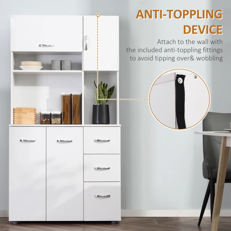 HOMCOM Freestanding Kitchen Microwave Cabinet Tall Cabinet with Doors Drawers Shelves, White