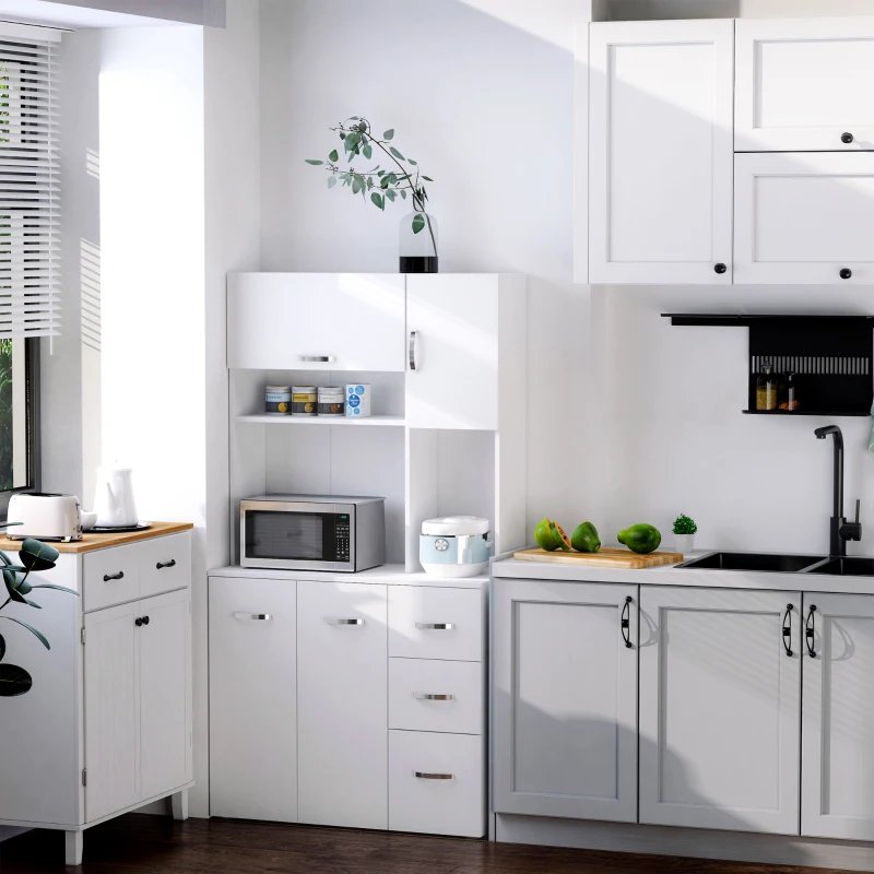 HOMCOM Freestanding Kitchen Microwave Cabinet Tall Cabinet with Doors Drawers Shelves, White