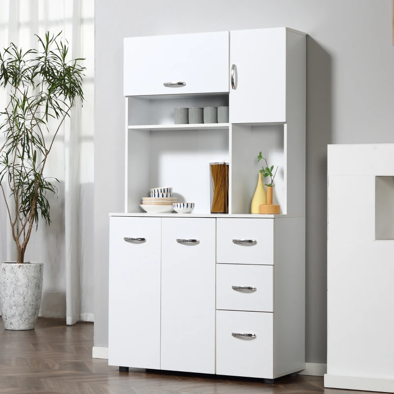 HOMCOM Freestanding Kitchen Microwave Cabinet Tall Cabinet with Doors Drawers Shelves, White