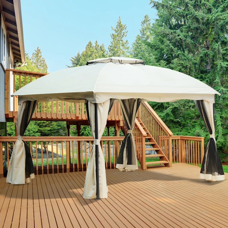 Outsunny 10x12ft Patio Gazebo Garden Pavilion Outdoor Canopy Tent Sun Shade 2 Tier Roof Hook w/ Curtain and Netting Steel Frame