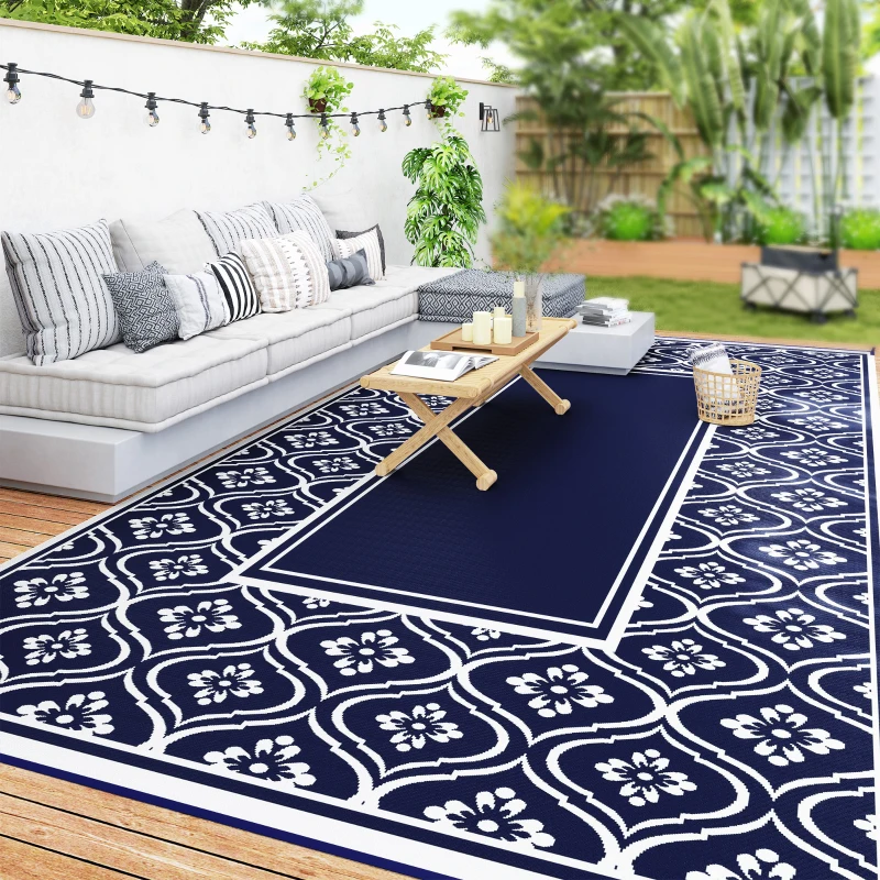 Outsunny 9' x 18' Outdoor RV Rug, Reversible Patio Floor Mat with Carry Bag, Gourd Border, Blue and White