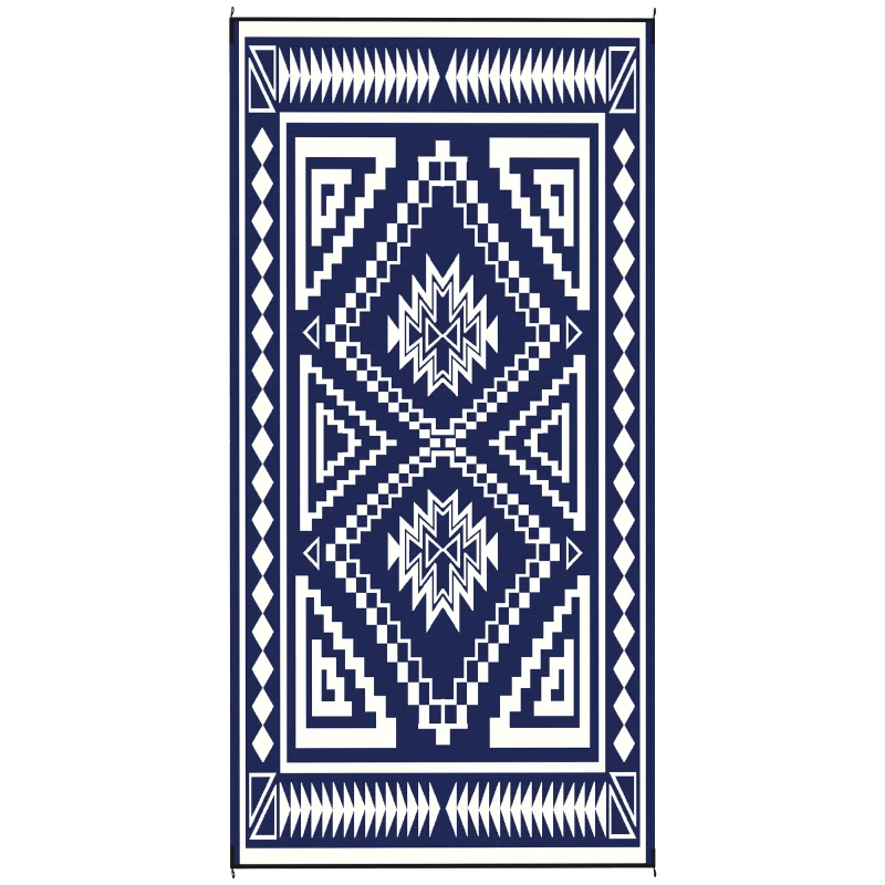 Outsunny Reversible Outdoor Rug, Waterproof Plastic Straw with Carry Bag, 9' x 18', Blue & White Square Patchwork