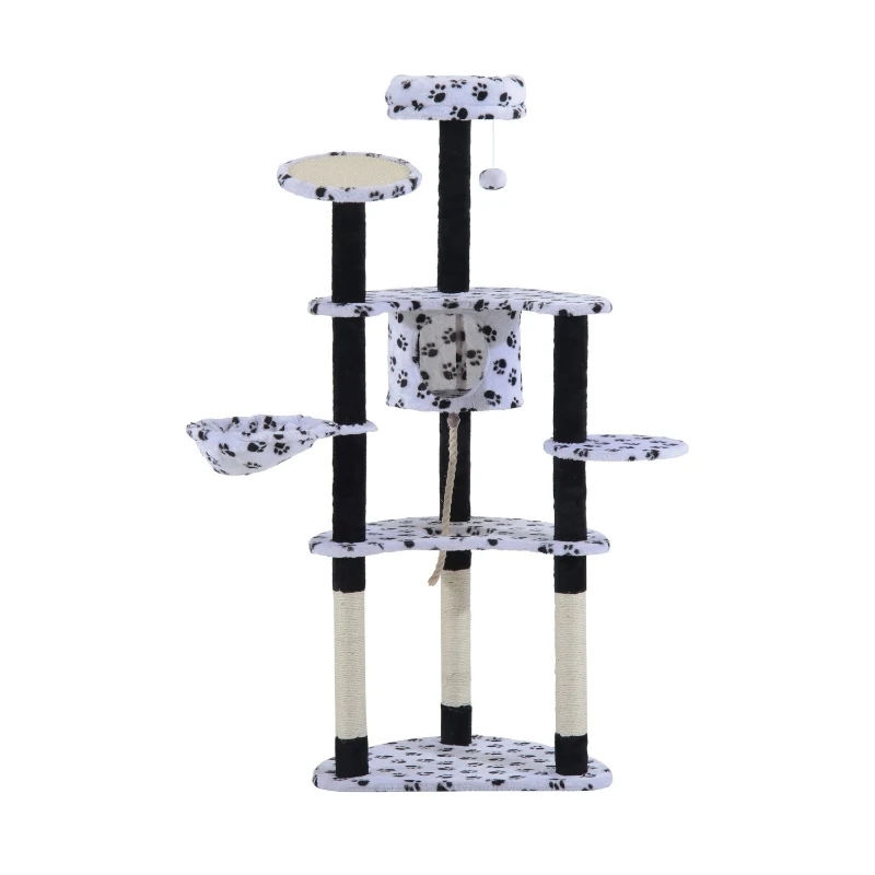 PawHut 60" Multi-Level Plush Cat Tree, Tall Cat Tower with Scratching Posts and Hammock, White