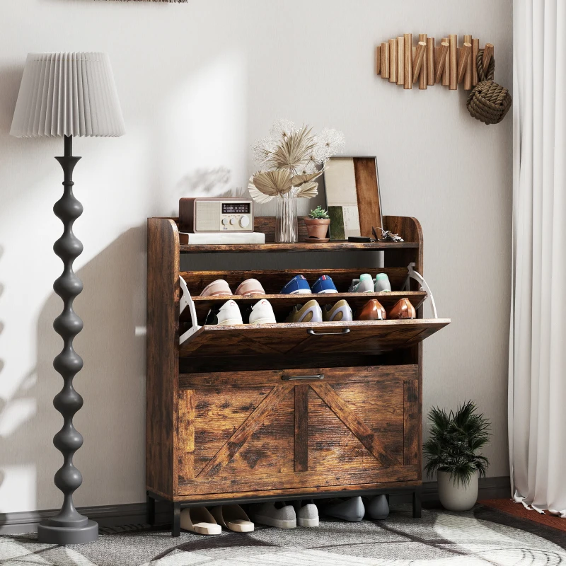 HOMCOM Shoe Cabinet Organizer with 2 Flip Drawers, Legs, Narrow Shoe Storage Cabinet for Entryway, Hallway, Rustic Brown