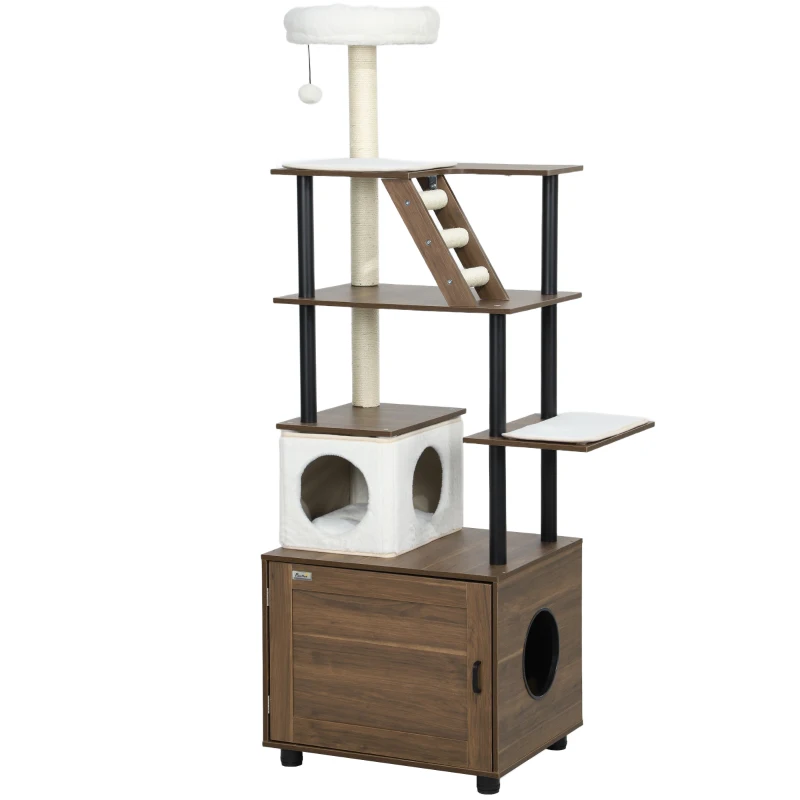 PawHut 68.5" Cat Tree with Litter Box Enclosure, 2 in 1 Cat Tower Hidden Litter Box Furniture with Scratching Posts, Brown