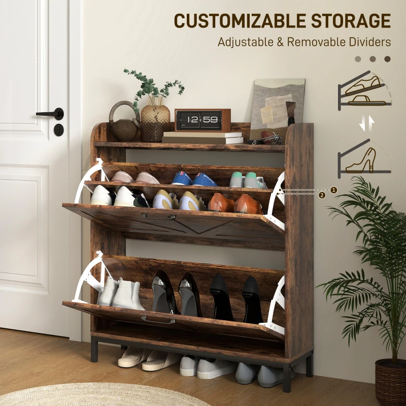 HOMCOM Shoe Cabinet Organizer with 2 Flip Drawers, Legs, Narrow Shoe Storage Cabinet for Entryway, Hallway, Rustic Brown