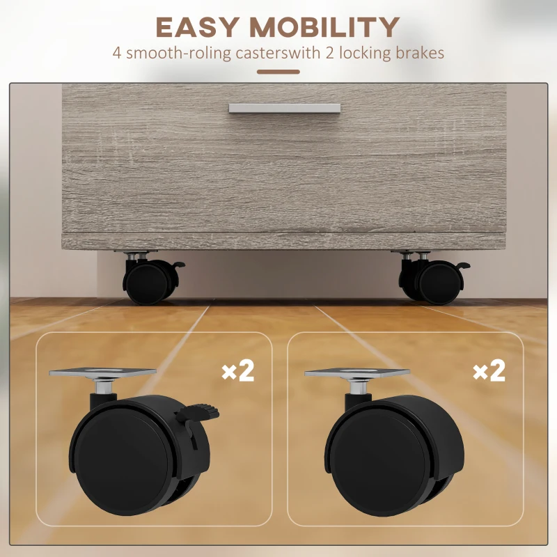 Vinsetto Mobile Filing Cabinet with Wheels, 3 Drawer File Cabinet with Lock and Keys for Home Office, Grey Wood Grain
