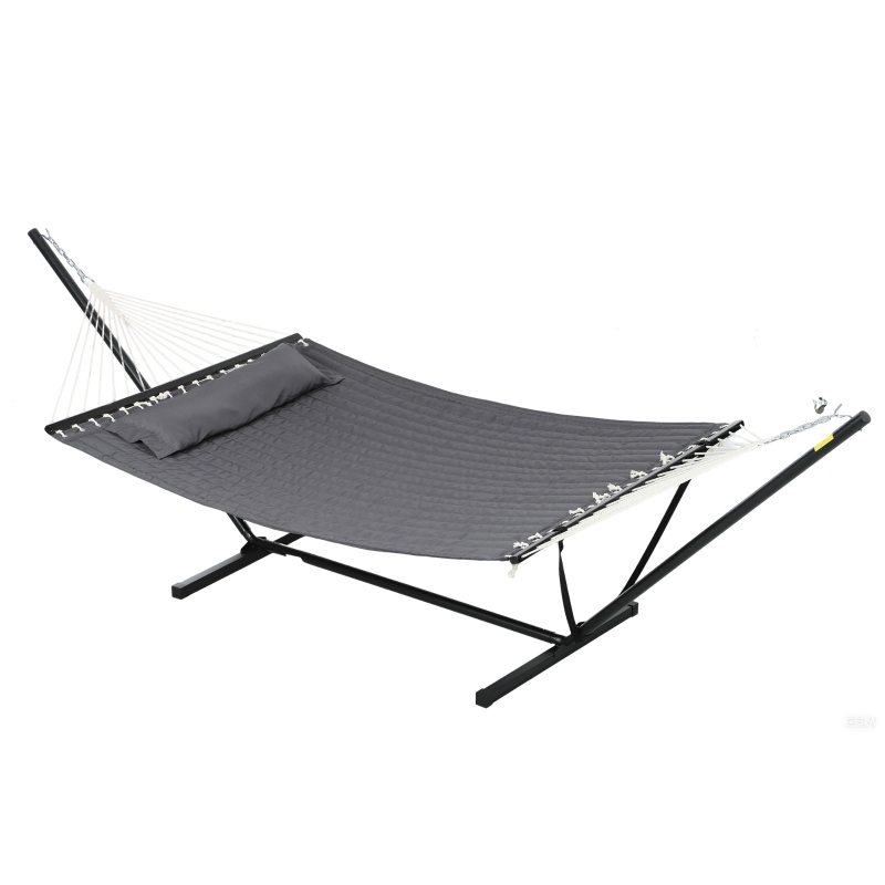 Outsunny 2 Person Hammock Quilted Double Hammock with Stand Pillow Spreader Bars for Outdoor Camping Beach, Dark Grey