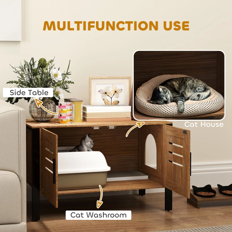 PawHut Cat Litter Box Enclosure with Tall Legs, Scratching Board, Dark Brown, 31.5"L x 17.7"W x 19.7"H