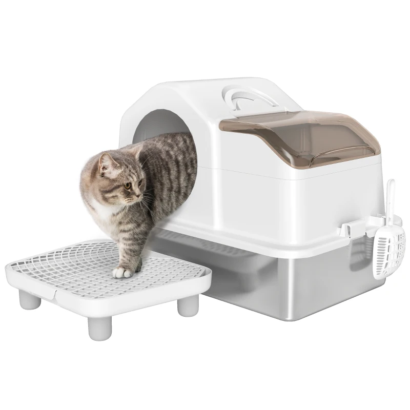PawHut Extra Large Stainless Steel Cat Litter Box w/ High Sided, Removable Lid, Mats, Scoop, Odor Free, Non-Sticky, Leakproof
