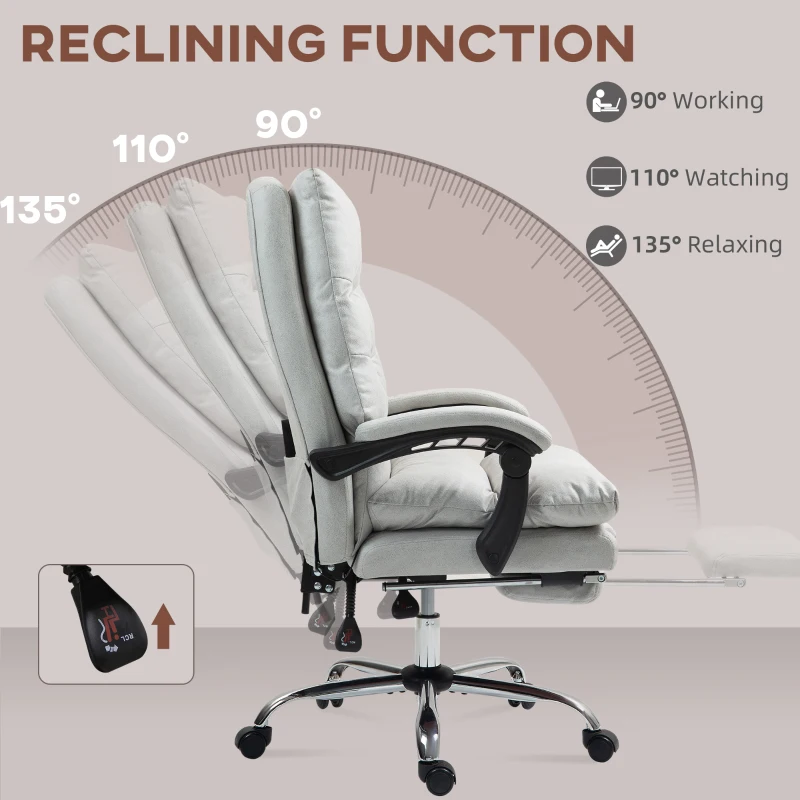 Vinsetto Microfibre Massage Office Chair, Heated Reclining Chair with Footrest, Double-tier Padding, Swivel Wheels, Light Gray