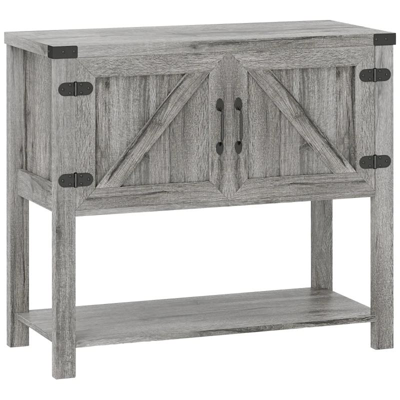 HOMCOM Farmhouse Double Door Coffee Bar Cabinet, Kitchen Cabinet with Bottom Shelf for Entryway, Living Room, Stone Gray