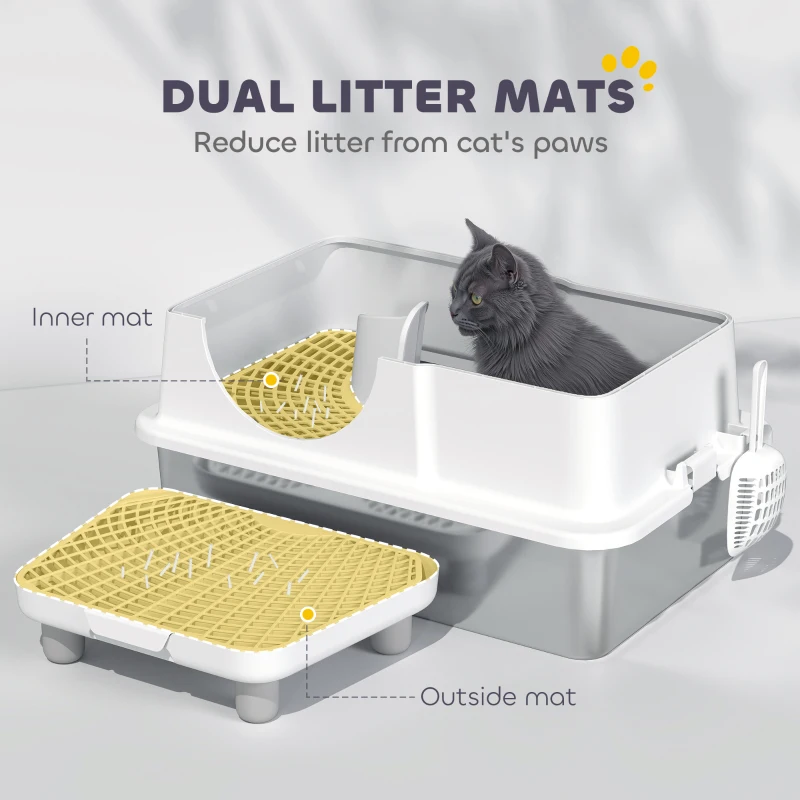 PawHut Extra Large Stainless Steel Cat Litter Box w/ High Sided, Removable Lid, Mats, Scoop, Odor Free, Non-Sticky, Leakproof