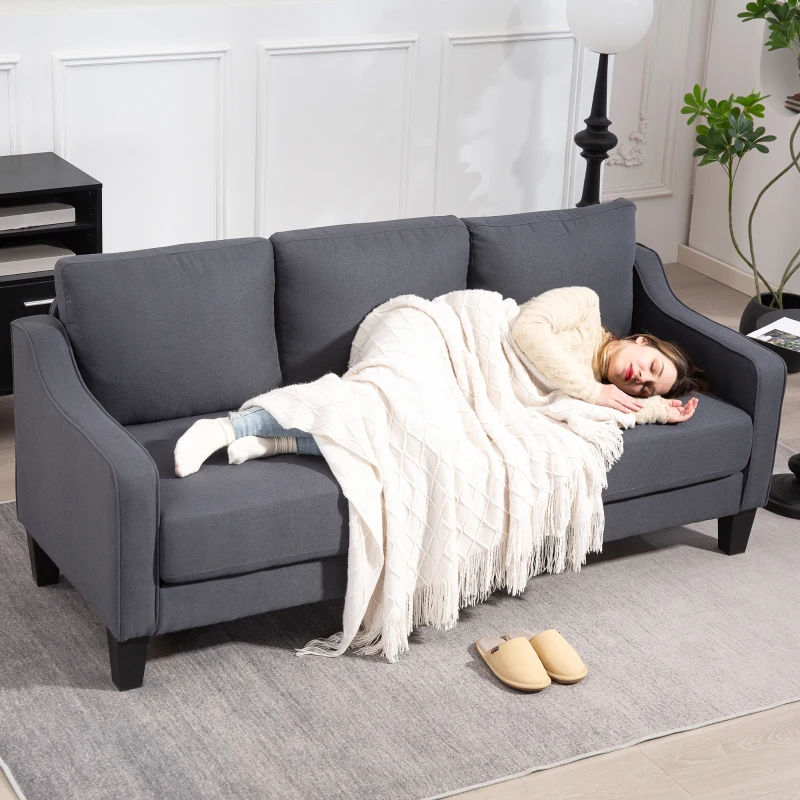 HOMCOM 3 Seater Sofa, Modern Couch with Pocket Spring, Linen Upholstered, Thick Padded, Charcoal Grey